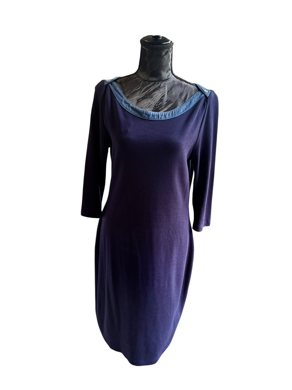 Tommy Hilfiger Womens M Navy Blue Knit Dress Chambray Trim 3/4 Sleeve